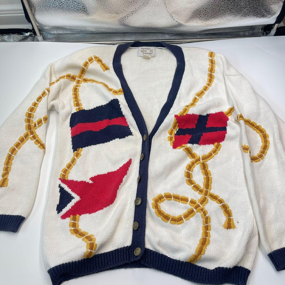 NINON de Lenclos Vintage Nautical Cardigan Cream Navy Blue Rope Knit‎ Womens L